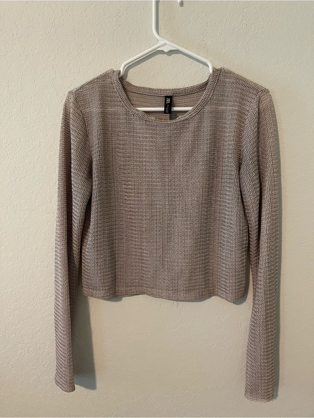 Zara Taupe Knit Long-Sleeve Crewneck Top